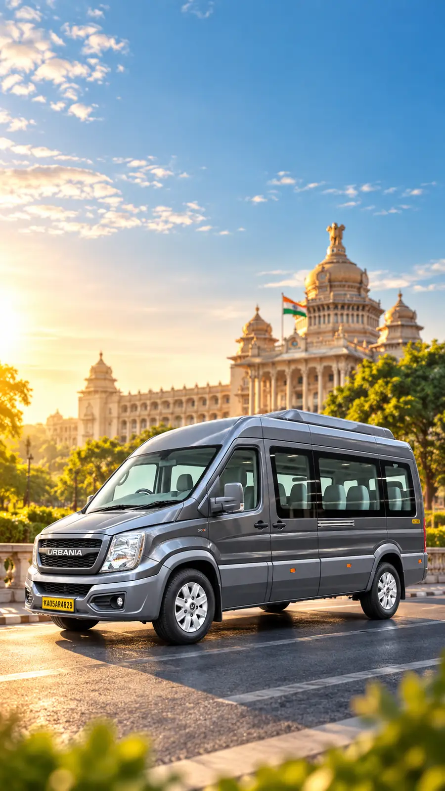 A Force Urbania parked in front of Vidhana Soudha in Bengaluru at sunrise